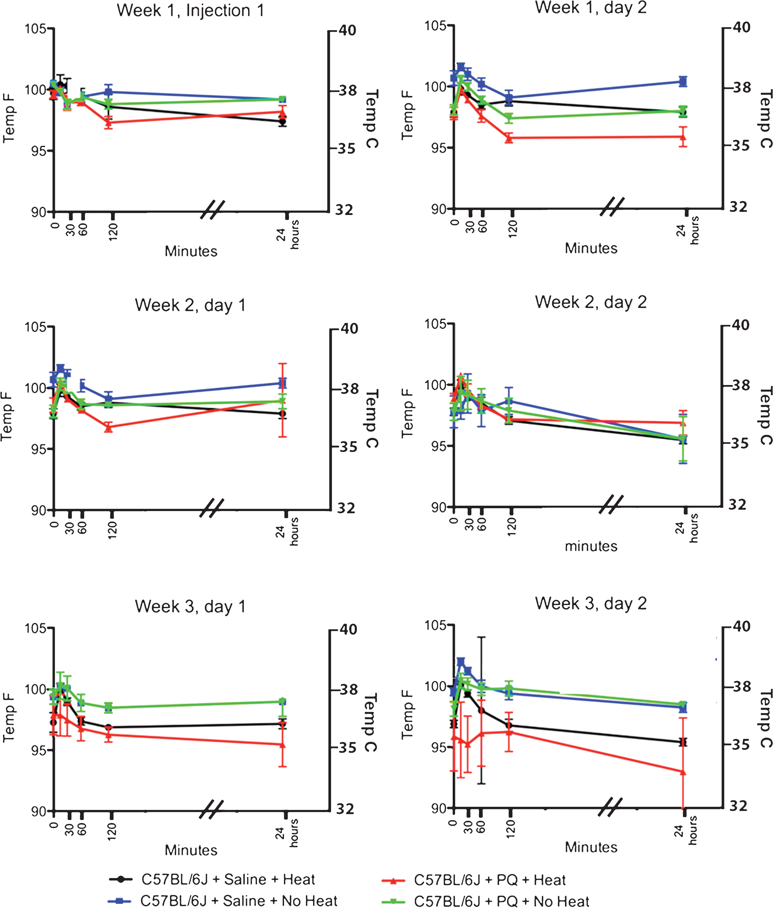 Effect of Paraquat on Core Temperature in C57BL/6J mice. Paraquat (2 injections of 10 mg/kg PQ/week spaced 48 hours apart for 3 weeks) administered to C57BL/6J mice has no significant effect on the core temperature of mice throughout the entire injection period. One does note, however, a slight hyperthermia that is observed 15 minutes after administration of paraquat (increase of 3%) starting after the 2nd paraquat injection that recedes within 30 minutes of administration.