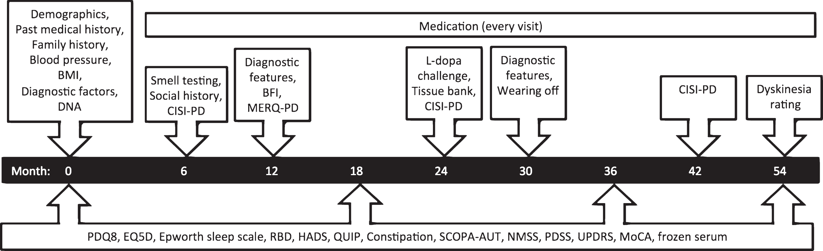 Assessments and timeline for recent onset patients. Visits occur every 6 months, with repeated observations and blood sampling every 18 months.