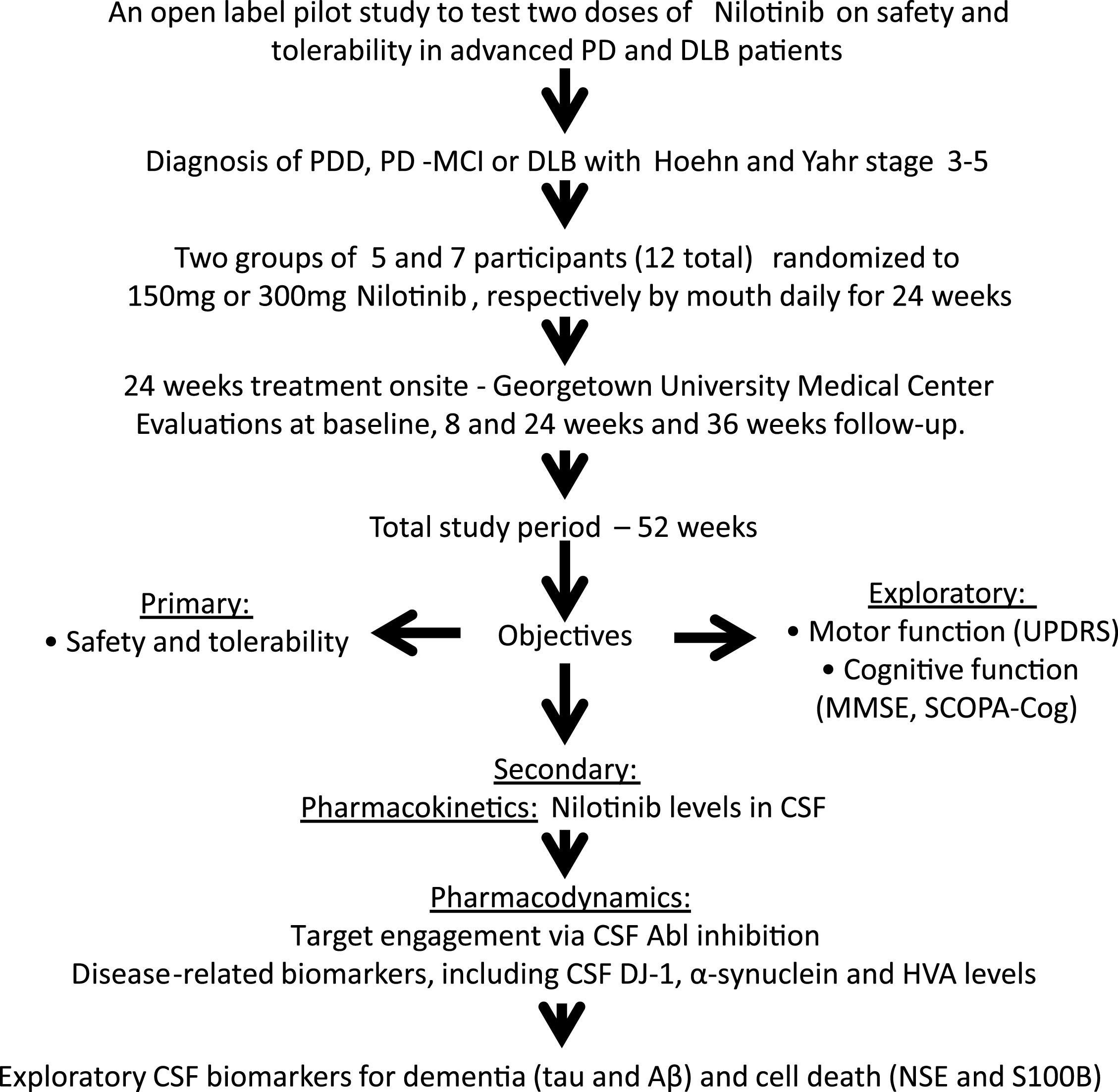 Design and milestones of an open-label, phase I clinical trial to evaluate the safety and efficacy of 150 mg and 300 mg Nilotinib for 24 weeks in patients with Parkinson’s disease (PD) with dementia (PDD) or PD with mild cognitive impairment (PD-MCI) or dementia with Lewy bodies (DLB). Cerebrospinal fluid (CSF), Mini Mental State Examination (MMSE), Abelson (Abl), homovanillic acid (HVA), β-amyloid (Aβ), Scales for Outcomes in Parkinson’s Disease-Cognition (SCOPA-Cog), Neuron Specific Enolase (SNE).