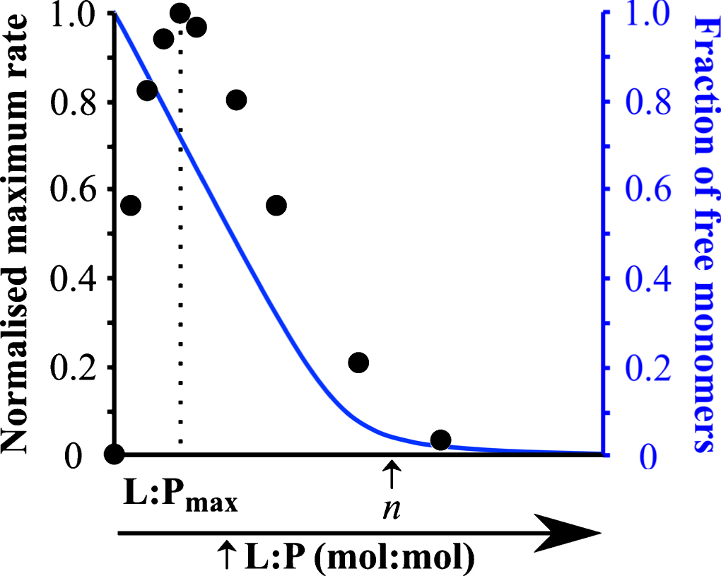 Influence of the L:P ratio on the kinetics of α-synuclein aggregation. This plot shows (i) the rate of α-synuclein aggregation (black) and (ii) the fraction of soluble protein (blue) in the presence of different DMPS: α-synuclein ratios. Figure adapted from [28].