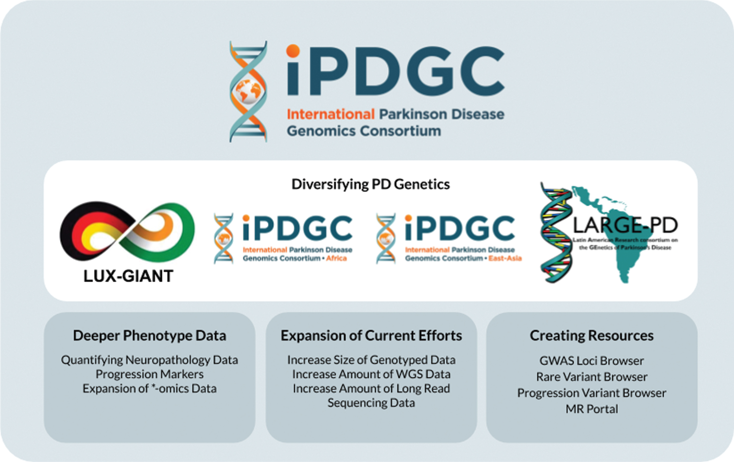 Overview of the past and future work of the IPDGC. WGS, whole-genome sequencing; MR, Mendelian Randomization.
