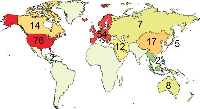 Geographical location of active PD drug trials sites (as of January 21, 2020, ClinicalTrials.gov). Map source: ClinicalTrials.gov (enlarged font size).
