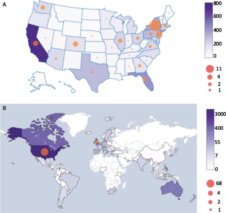 Distribution of survey responses and COVID-19 cases among respondents (A) within the US and (B) across the globe. The color of the state or country represents the number of survey responses and the size of the circles represents the number of COVID-19 diagnoses reported from each region.