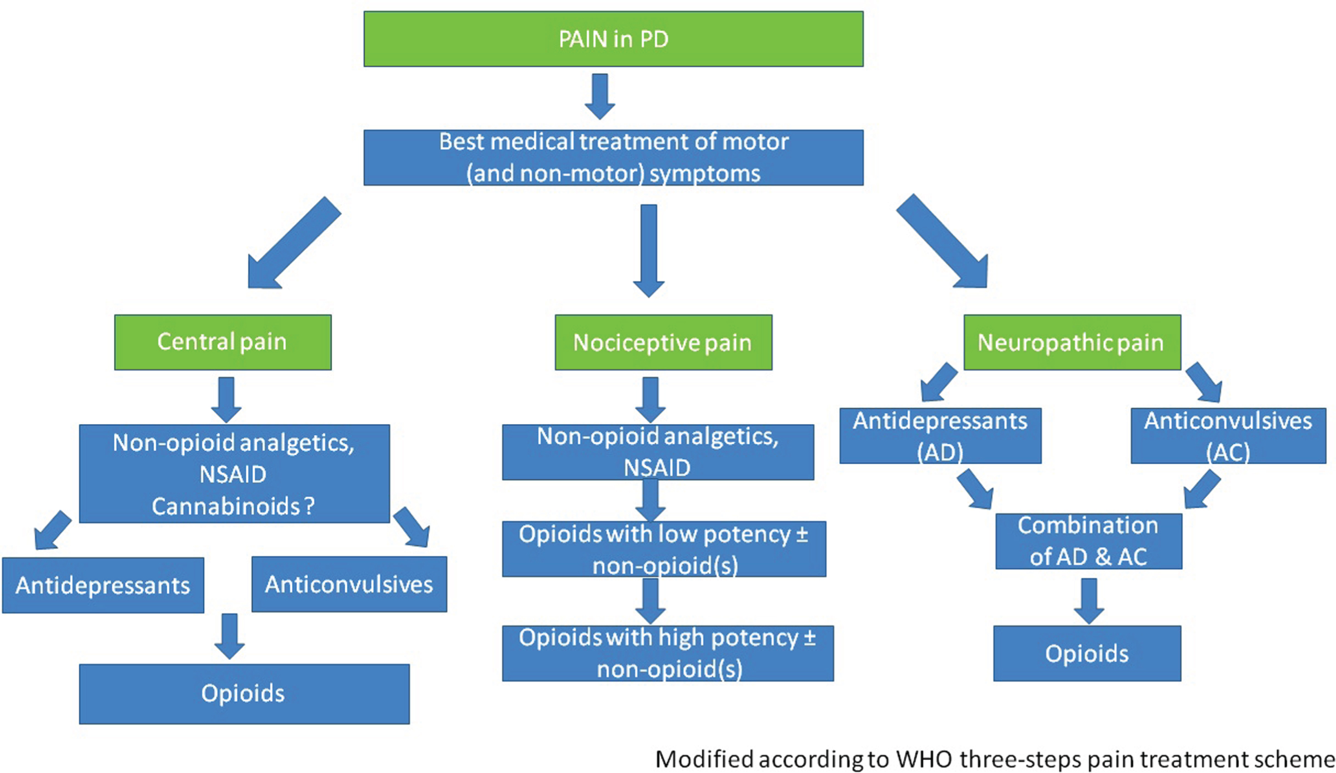 Algorithm suggested for pain therapy in PD.