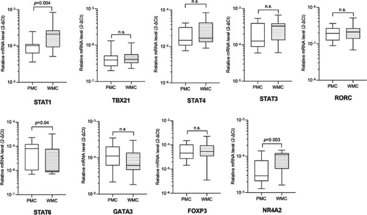 Transcription factors mRNA levels in CD4 + T lymphocytes in PD patients with (PMC) and without (WMC) motor complications. Data are plotted as medians with 25°–75° percentiles (boxes) and min–max values (whiskers).