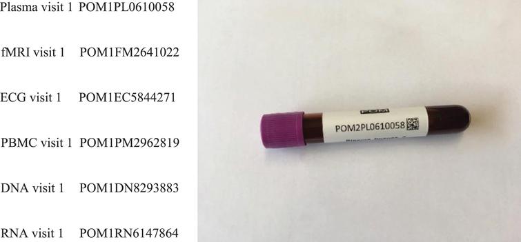 Examples of short pseudonyms, also printed on a test tube. Such a short pseudonym like POM1PL0610058 consists of five random numbers (here 10058), a prefix (POMPL) identifying the project (POM, Dutch for PPP) and type of data (1PL for plasma taken during the first visit), and a checksum (58) such as used in an International Bank Account Number (IBAN).