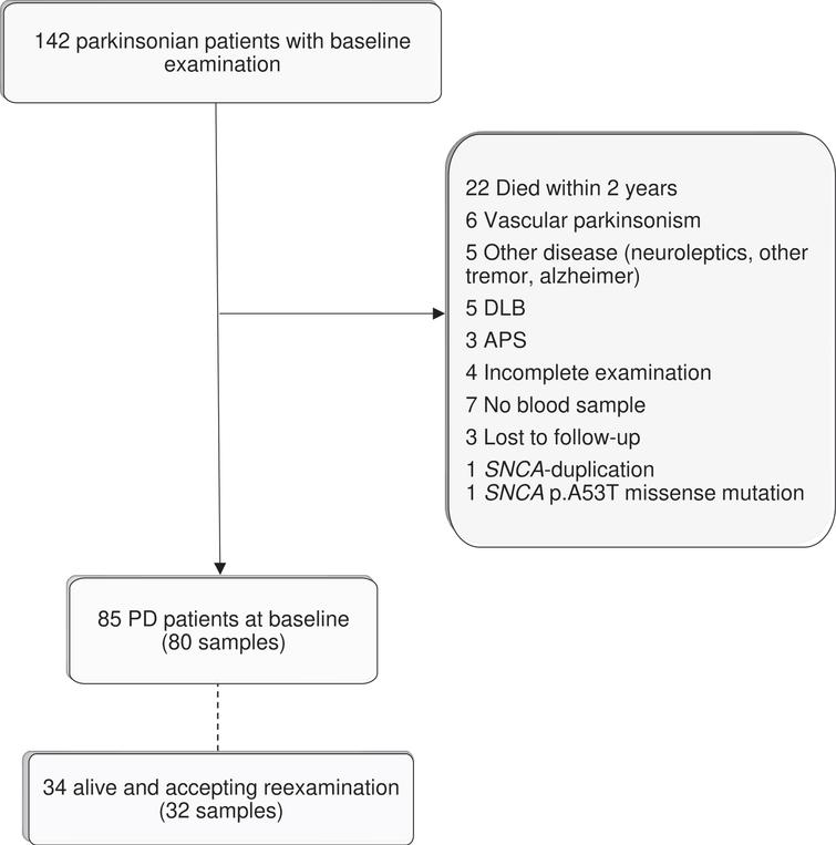 Flow chart. Flow chart of patient inclusion and exclusion into the study at baseline and re-examination. Number of blood samples readily analyzed for serum neurofilament light chain levels in parenthesis. Adapted from [24].