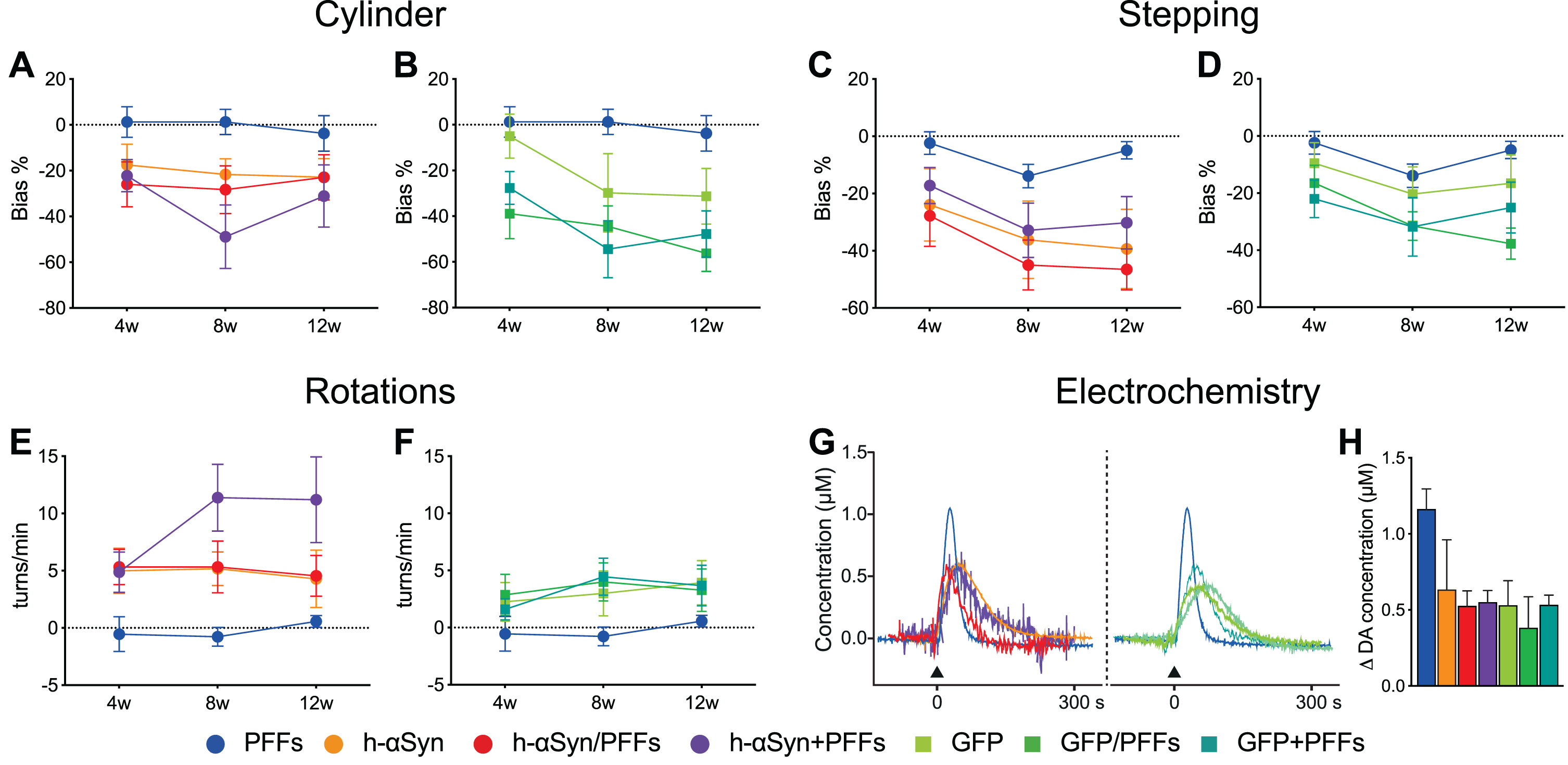 Behavioral impairments following h-αSyn and/or PFFs injection. A-F) Behavioral tests performed to assess motor function at 4-, 8-, and 12-weeks post-injection for Cylinder, Stepping, and Rotation test for the h-αSyn (circles, A, C, E), GFP (squares, B, D, F), and PFF (circles, A-F) injected groups, respectively. G) Electrochemical recordings (chronoamperometry) for KCl-evoked striatal DA release; black arrow indicates the timepoint of KCl application. H) Average peak amplitude, reflecting the maximum amount of dopamine available, for all the seven experimental groups. PFFs, preformed fibrils; h-αSyn, human alpha-synuclein; GFP, green fluorescent protein; w, weeks; s, seconds. Data are expressed as mean ± SEM. Note: the behavioral results of the PFFs group are duplicated in each graph for ease of comparison.