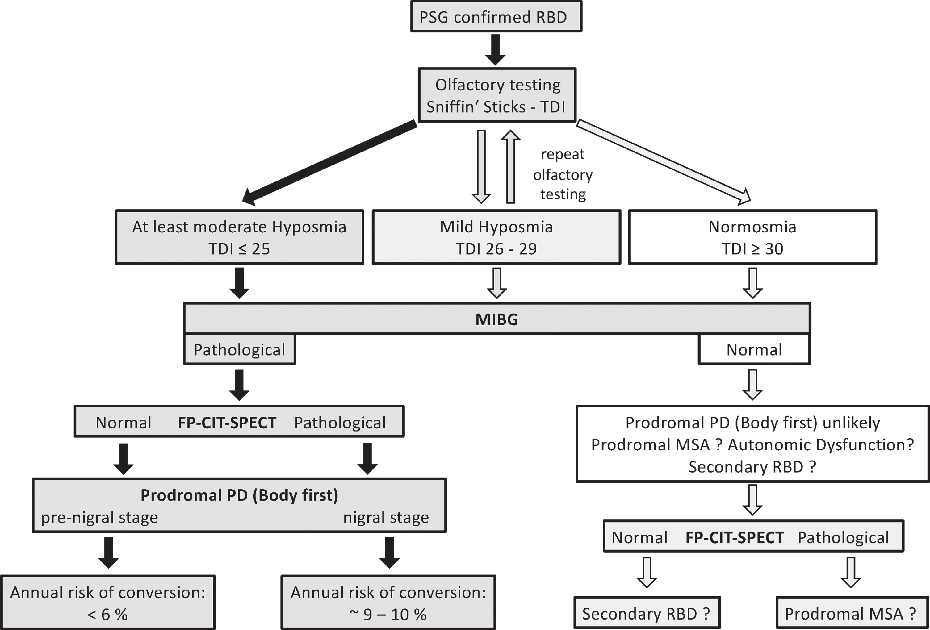 Algorithm for selecting patients with prodromal Parkinson’s disease in clinical trials with disease-modifying therapy based on the results of this study. Subjects with video-polysomnography confirmed RBD should be screened with olfactory testing (Sniffin’ Sticks, to determine TDI score) and [123I]MIBG scintigraphy. In the RBD subjects with abnormal [123I]MIBG scintigraphy, only four subjects presented with TDI > 25 at baseline. In all of these, the olfactory function deteriorated from baseline to follow-up to TDI ≤25 –except for one. Two RBD subjects with normal [123I]MIBG scintigraphy had a TDI ≤25 at baseline: one stayed below TDI < 25, one improved to normosmia at follow-up. In case of abnormal [123I]MIBG scintigraphy, this should be followed by [123I]FP-CIT-SPECT. RBD subjects with both, abnormal [123I]MIBG scintigraphy and [123I]FP-CIT-SPECT show an annual conversion rate between ∼9–10%.