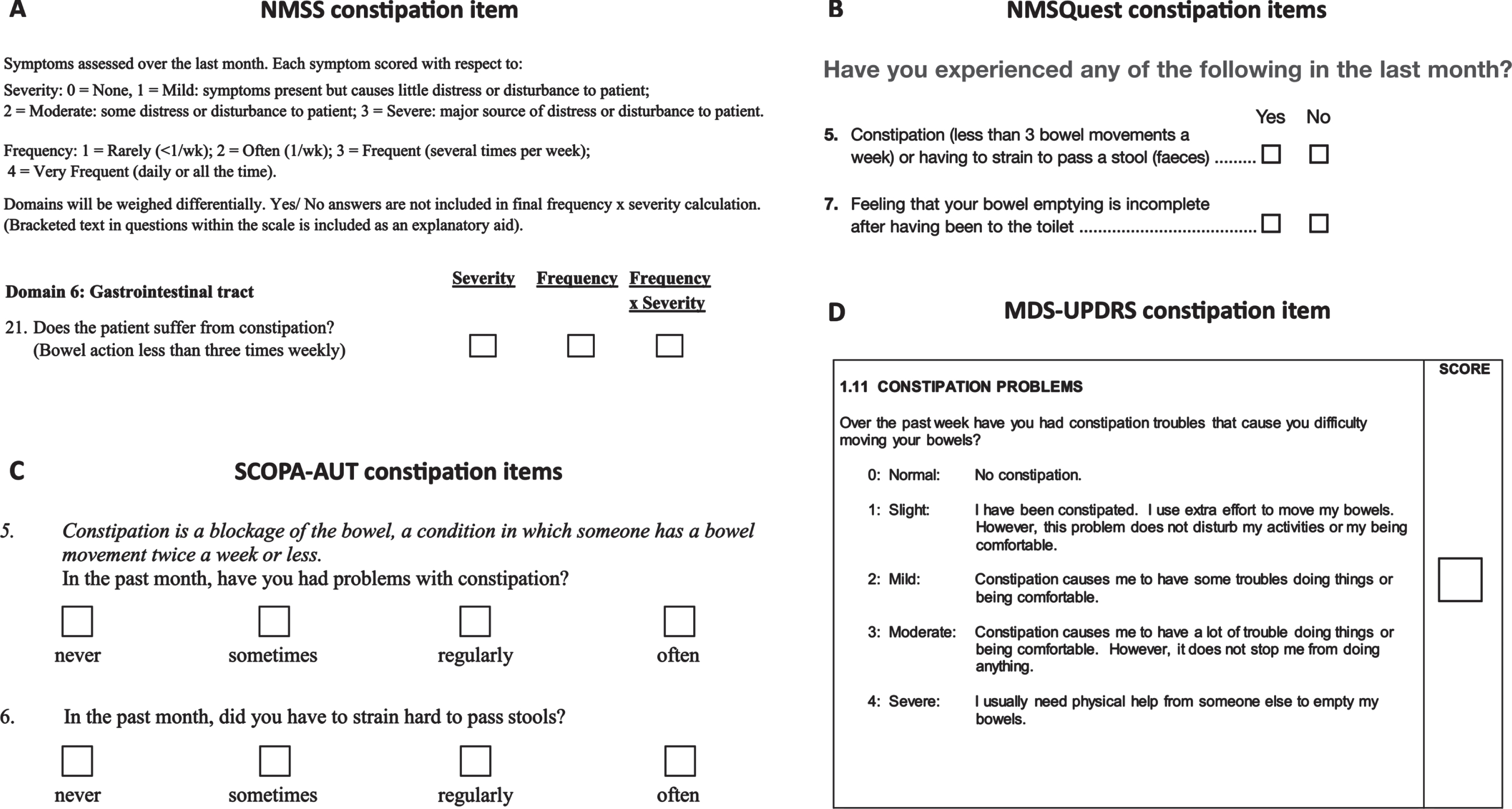 Constipation assessment items on each PD non-motor symptom questionnaire. A) The question assessing constipation on the Non-Motor Symptoms Scale (NMSS) for PD patients. This figure incorporates the NMSS, which is owned and licensed by the International Parkinson and Movement Disorder Society (MDS). Permission to reproduce the NMSS in this figure was granted by MDS, the copyright holder. Copyright © 2007 International Parkinson and Movement Disorder Society (MDS). All Rights Reserved. B) The question/s assessing constipation on the Non-Motor Symptoms Questionnaire (NMSQuest/NMSQ) for PD patients. This figure incorporates the NMSQ, which is owned and licensed by the International Parkinson and Movement Disorder Society (MDS). Permission to reproduce the NMSQ in this figure was granted by MDS, the copyright holder. Copyright © 2006 International Parkinson and Movement Disorder Society (MDS). All Rights Reserved. C) The question/s assessing constipation on the SCOPA-AUT (SCales for Outcomes in PArkinson’s disease — AUTonmic dysfunction). This figure incorporates the SCOPA-AUT, which is owned and licensed by the International Parkinson and Movement Disorder Society (MDS). Permission to reproduce the SCOPA-AUT in this figure was granted by MDS, the copyright holder. Copyright © 2019 International Parkinson and Movement Disorder Society (MDS). All Rights Reserved. D) The item assessing constipation on the Unified Parkinson’s Disease Rating Scale (MDS-UPDRS). This figure incorporates the MDS-UPDRS, which is owned and licensed by the International Parkinson and Movement Disorder Society (MDS). Permission to reproduce the MDS-UPDRS in this figure was granted by MDS, the copyright holder. Copyright © 2008 International Parkinson and Movement Disorder Society (MDS). All Rights Reserved.