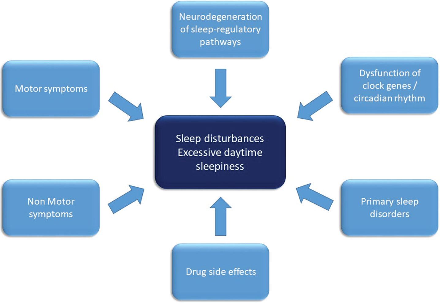 Overview on factors contributing to sleep disruption in Parkinson’s disease. Factors contributing to the pathophysiology of sleep disturbances and excessive daytime sleepiness in Parkinson’s disease comprise of disintegration of sleep regulatory circuits and neurotransmitters as well as circadian rhythms by the neurodegenerative disease process. Nighttime sleep is disrupted by motor symptoms (such as akinesia, tremor), non-motor-symptoms such as autonomic or neuropsychiatric symptoms and drug side effects. Furthermore, primary sleep disorders such as restless legs syndrome and sleep disordered breathing contribute to nighttime and daytime impairment.