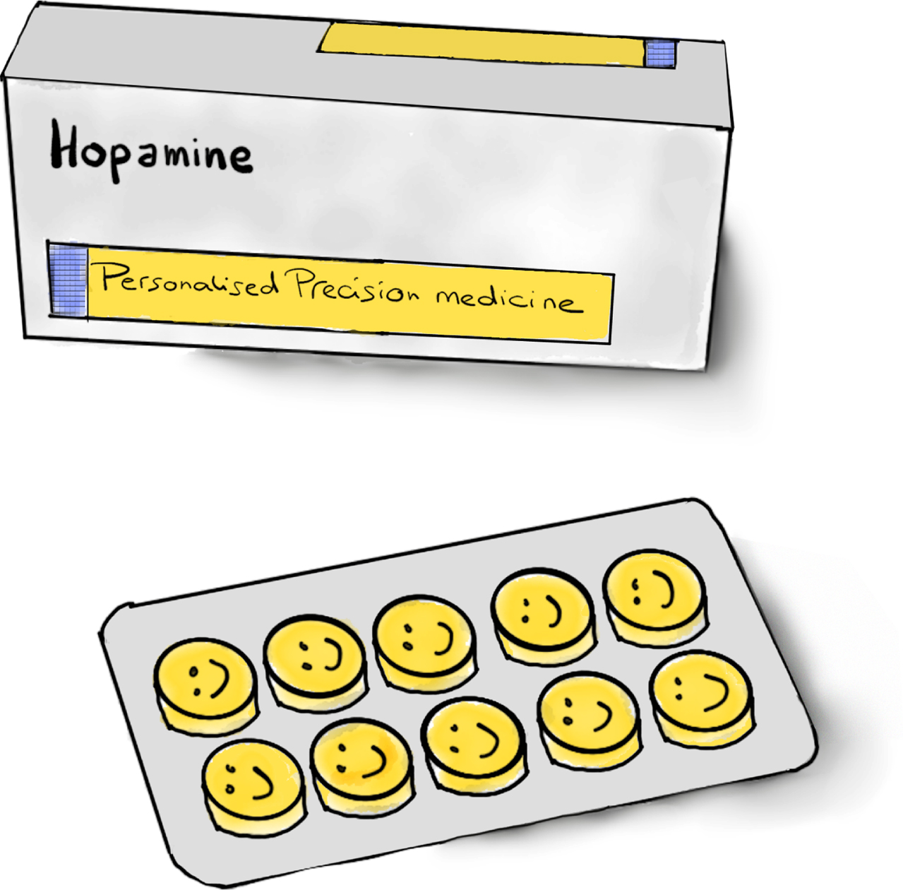 A pillbox containing hopamine, to symbolize the crucial need to address the issue of hope on a personalized basis for each individual living with Parkinson’s disease, starting immediately from the diagnosis onwards and redrafting this during the constantly changing course of Parkinson’s disease (drawing by Marina Noordegraaf).