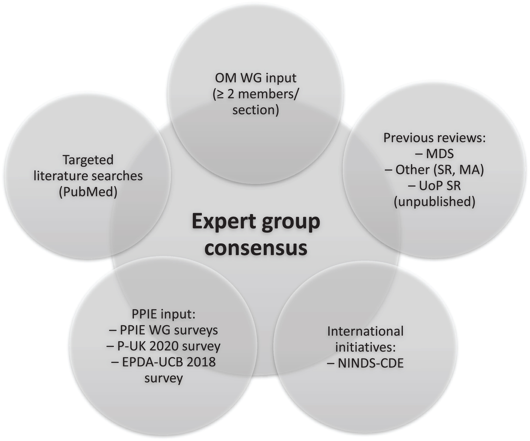 Sources for consensus of outcome measures in disease-modifying trials in Parkinson’s disease. EPDA-UCB, European Parkinson’s Disease Association-UCB Pharma; MA, meta-analysis; MDS, Movement Disorders Society (critique and recommendation papers on different outcome measures); NINDS-CDE, National Institute of Neurological Disorders and Stroke Common Data Elements initiative; OM, Outcome Measures; P-UK, Parkinson’s UK; PPIE, Patient and Public Involvement and Engagement; SR, Systematic review; UoP, University of Plymouth; WG, Working Group.