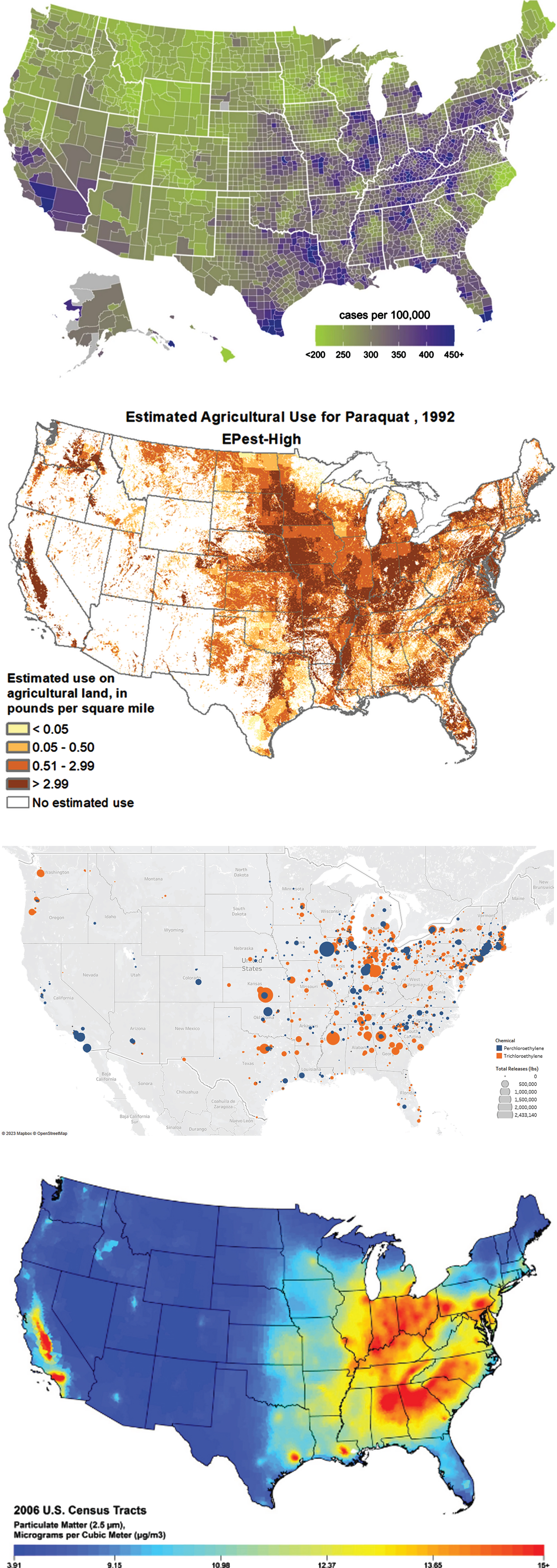 A) Incidence of Parkinson’s disease in the U.S., 2012 [49]. B) Estimated annual use of paraquat in the U.S., 1992 [50]. Map of release of trichloroethylene (orange) and perchloroethylene (in blue) in the U.S, 1987. Map courtesy of Meghan Pawlik, University Rochester, based on data from the Toxic Release Inventory from the U.S. Environmental Protection Agency. D) Map of particulate matter smaller than 2.5 microns in the U.S., 2006 [51].