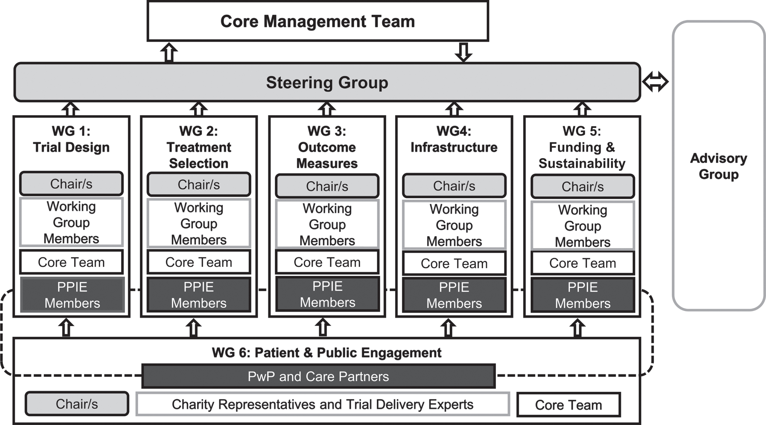 The EJS ACT-PD consortium structure. The consortium consists of five working groups each charged with one aspect of the trial’s development: Trial design, treatment selection, outcome measures, infrastructure, funding, and sustainability. Two to three PwP/care partners together support each of the five working groups. Together with charity representatives as well as trial delivery experts they form a sixth patient and public engagement working group. The chairs of each working group and the project leads form the steering group. A core team consisting of a project funded administrator, project manager, and research staff overseen by the project leads support the working groups in delivering their objectives.