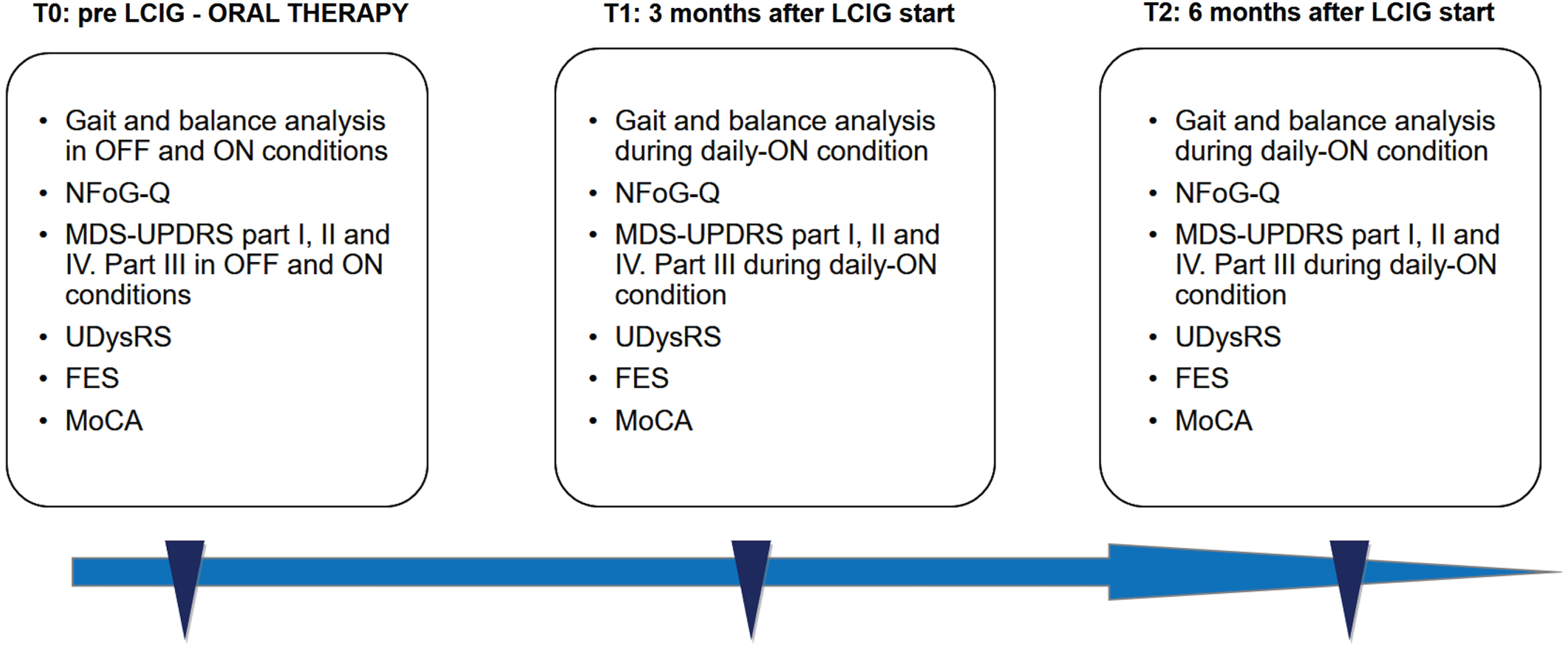 Flow chart of study, with the assessment conducted at each visit. NFoG-Q, New Freezing of Gait Questionnaire; MoCA, Montreal Cognitive Assessment; FES, Falls Efficacy Scale; MDS-UPDRS, Movement Disorder Society –Unified Parkinson’s Disease Rating Scale; UDysRS, Unified Dyskinesia Rating Scale; LCIG, Levodopa-Carbidopa Intestinal Gel.