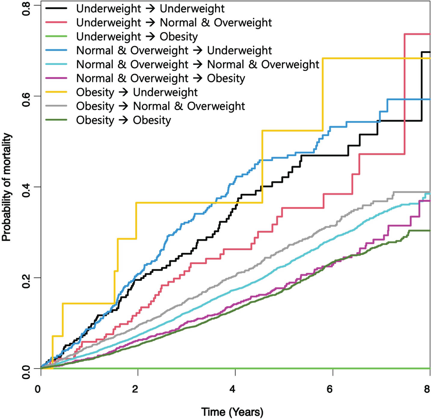 Kaplan–Meier Curves of All-Cause Mortality Stratified by Body Mass Index Change Status in Individuals with Parkinson’s Disease.