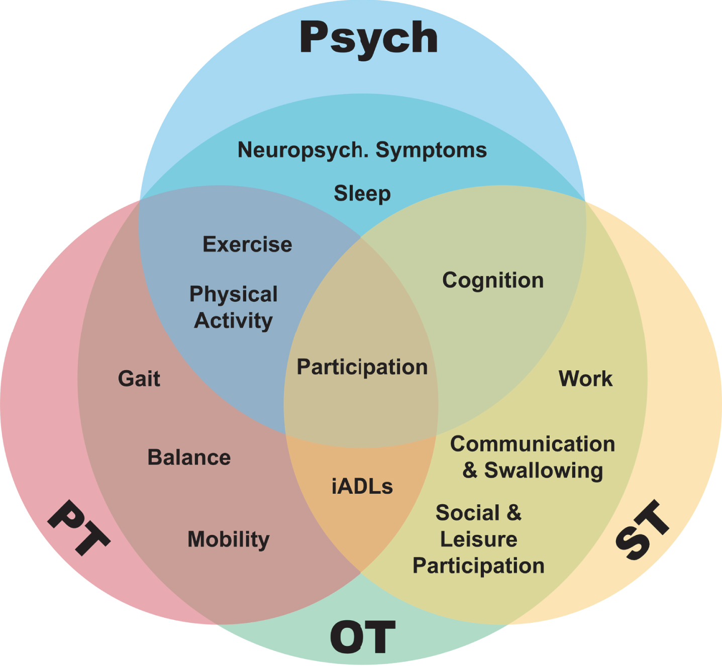 A transdisciplinary model demonstrating overlap between allied health disciplines and many of the target areas they address in early Parkinson’s disease. PT, physical therapy; OT, occupational therapy; ST, speech and language therapy; iADLs, instrumental activities of daily living.