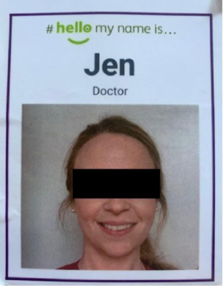 Example of badge worn by clinical staff with name, role, and photograph.