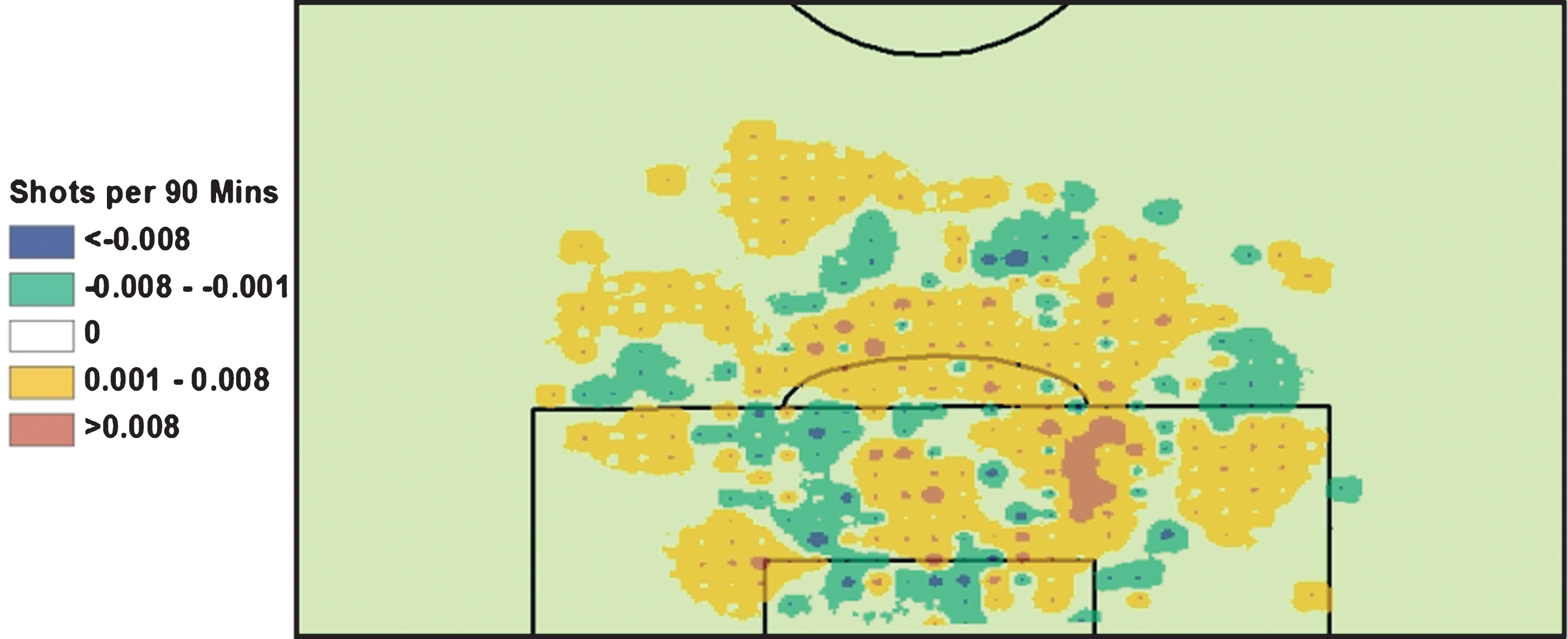 Clemens Fritz Shots conceded. Red/Orange are areas where more shots are conceded when Fritz is on the pitch Green/Blue are areas where more shots are conceded when Fritz is off the pitch.