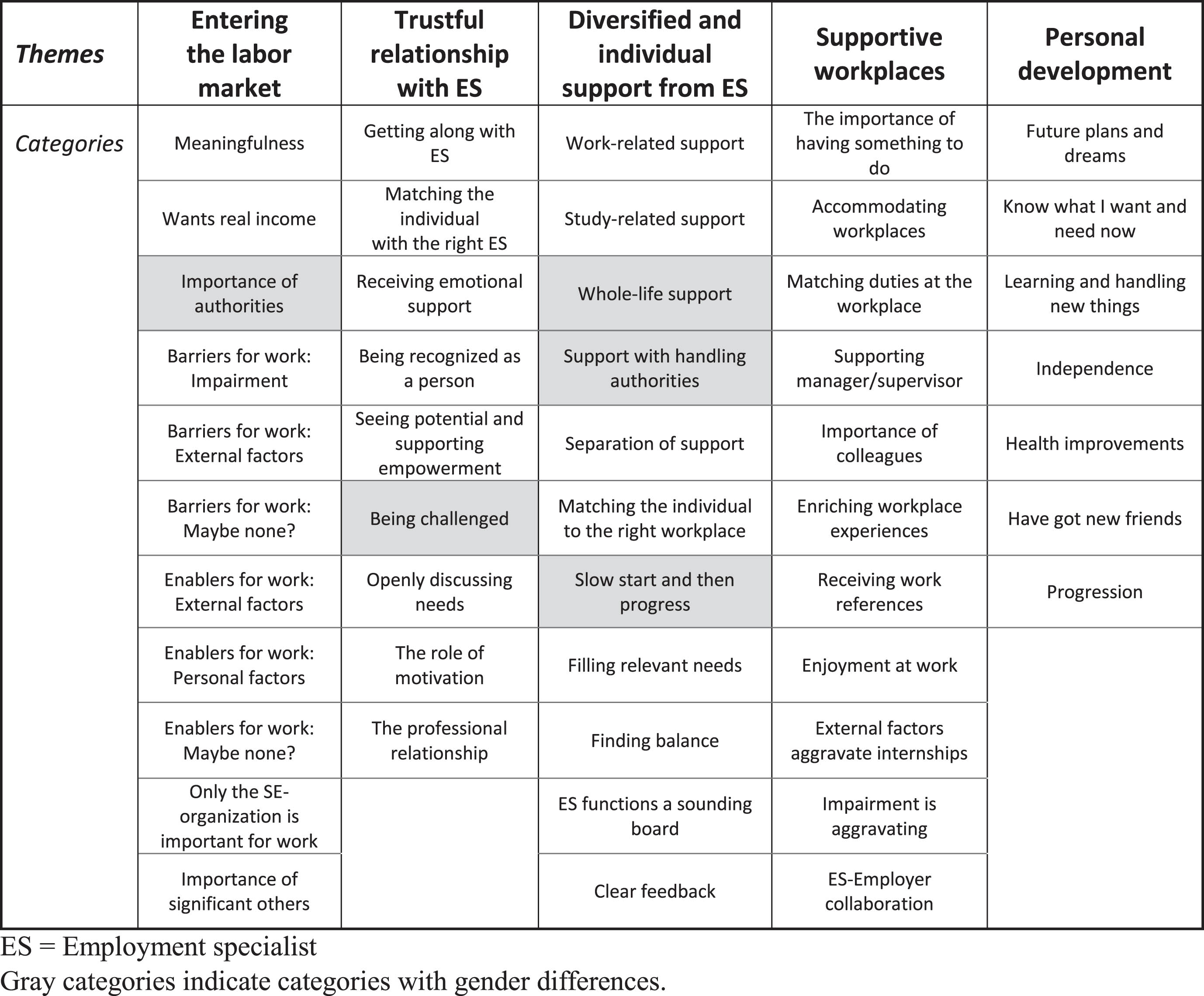 Themes and corresponding categories.