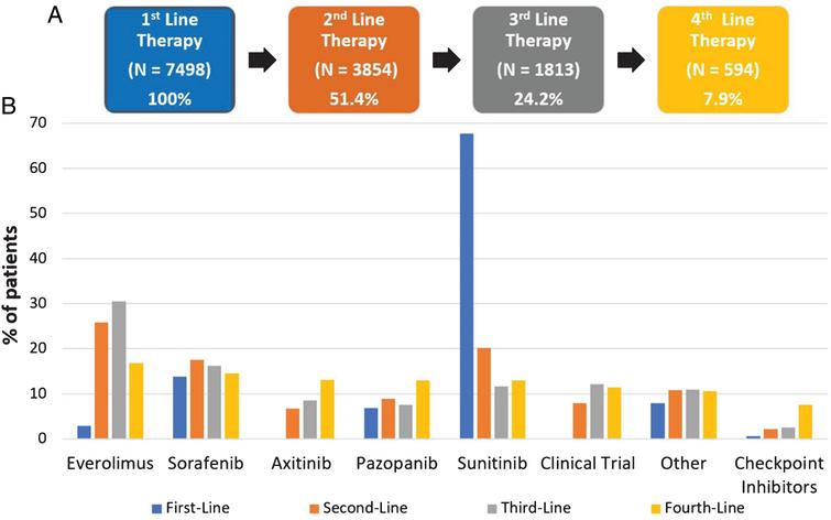 Total number of patients within the IMDC receiving first-, second-, third- and fourth-line therapy (A). Therapies given in the first-, second-, third- and fourth-line setting to patients who received 4LT (N = 594) (B).