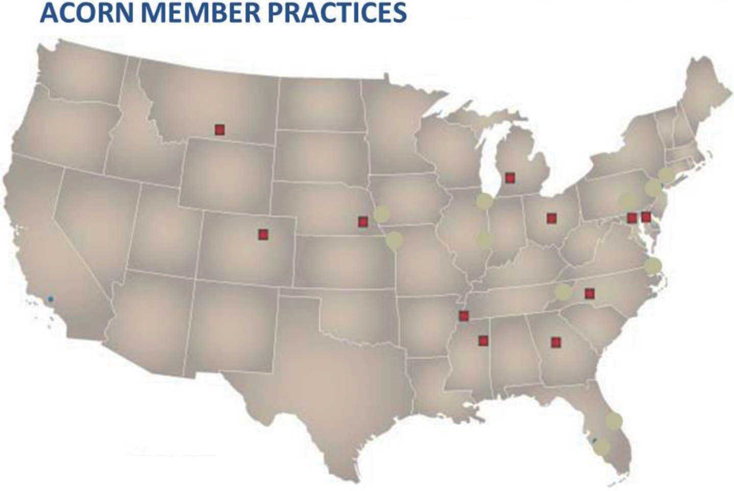 Geographic locations of practices encompassing the ACORN network that contributed to this study.