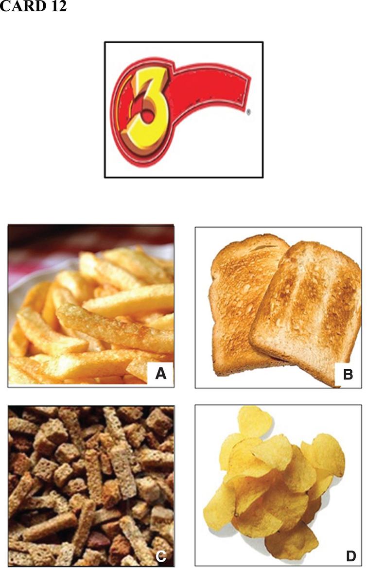 An example of flash card used in the IBAI Georgia. The logo of 3 Koronchki® (A) was associated with French fries, bread, biscuits and potato chips.