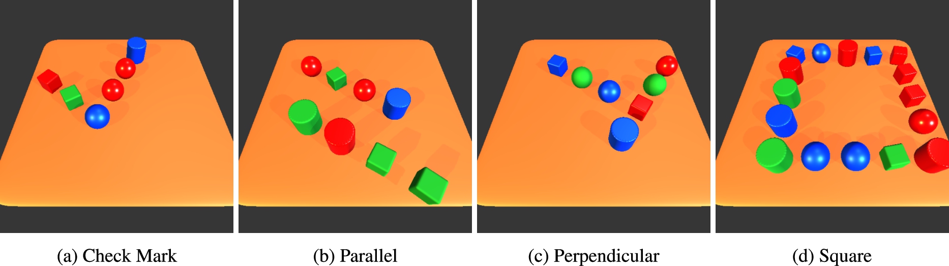 Complex Kandinsky Patterns. These patterns are designed with at least five objects in the scenes. These objects form 2D shapes by their position. Check Mark: several objects form the shape of check mark. Parallel: multiple objects are arranged in two parallel rows. Perpendicular: multiple objects are arranged in two perpendicular rows. Square: several objects are arranged in the shape of a square.