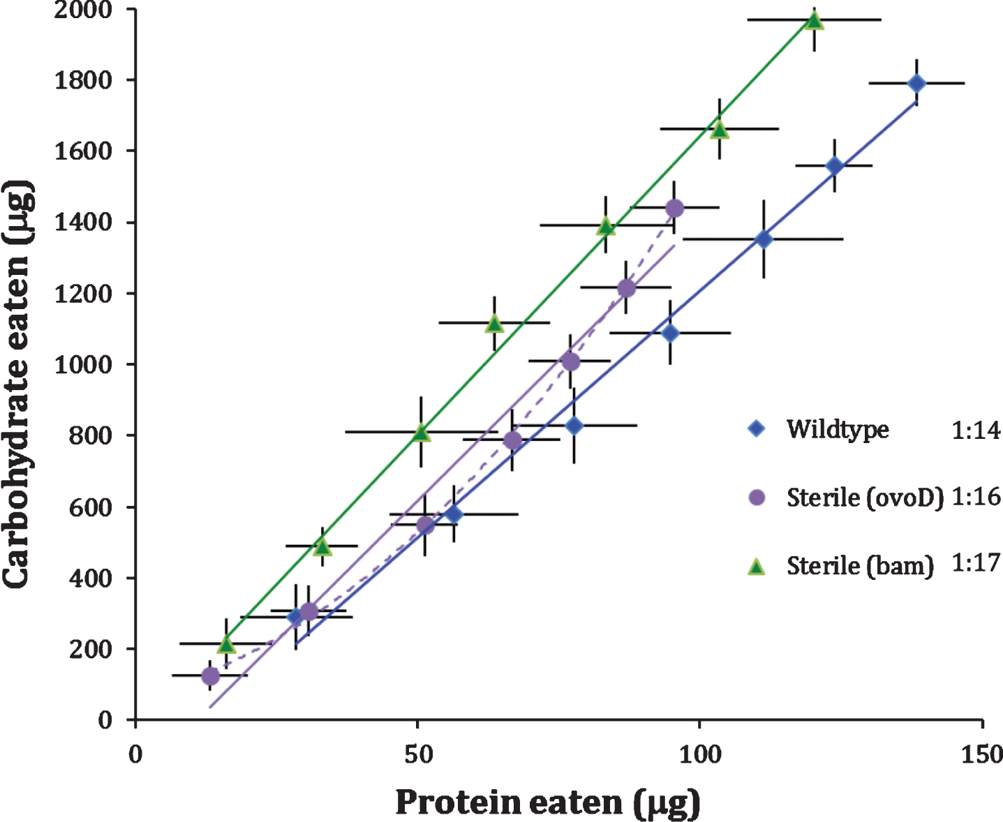 Wildtype (fertile) and sterile (OvoD, Bam) females. Mean cumulative protein and carbohydrate intake consumed by females with daily point estimate standard deviation, plotted across two weeks in CAFE assay. Cumulative intake trajectories with 2-day census intervals, and best-fit linear (solid line) or quadratic (dash line) functions. P:C ratios at legend were estimated from linear regression.