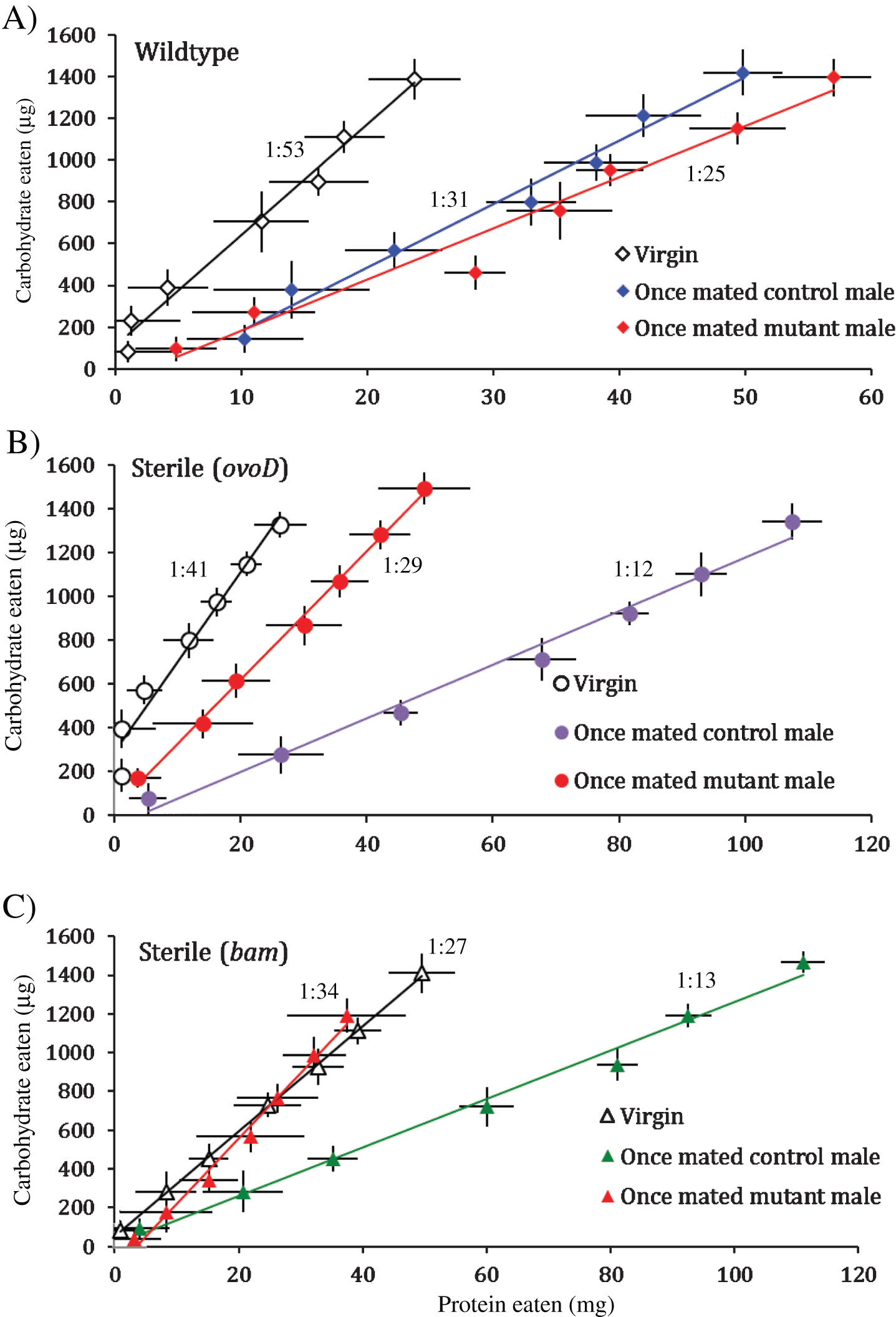 Wildtype fertile females (A), sterile OvoD females (B), sterile Bam females when unmated (virgin), or once-mated (at eclosion) to wildtype males (control) or to males lacking sex peptide SP0 (mutant) (C). Cumulative intake trajectories with daily point estimate standard deviation, using 2-day census intervals, and best-fit linear function, with P:C ratios (at legend) estimated from linear regression.