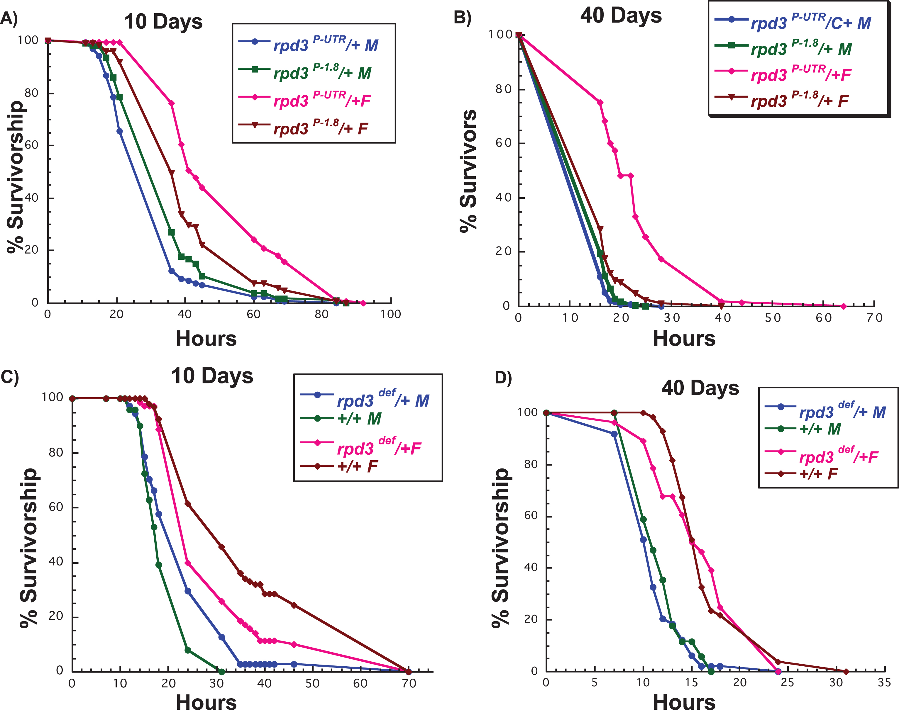 rpd3 reduction affects stress resistance in flies. (A, B) Survival curves for male and female rpd3P-UTR/+ (experimental) and rpd3P-1.8/+ (control) flies exposed to 20 mM paraquat at age 10 (A) or 40 (B) days. rpd3P-UTR/+ females are more resistant to paraquat at 10 and 40 days, but no changes in resistance were observed in male rpd3P-UTR/+ flies. (C, D) Survival curves for male and female rpd3def/+ and control flies exposed to 20 mM paraquat at age 10 (C) or 40 (D). Male rpd3def/+ flies are more resistant and female rpd3def/+ are less resistant compared to control flies at age 10. No difference in paraquat resistance was observed between rpd3def/+ male and female and control flies at 40 days.