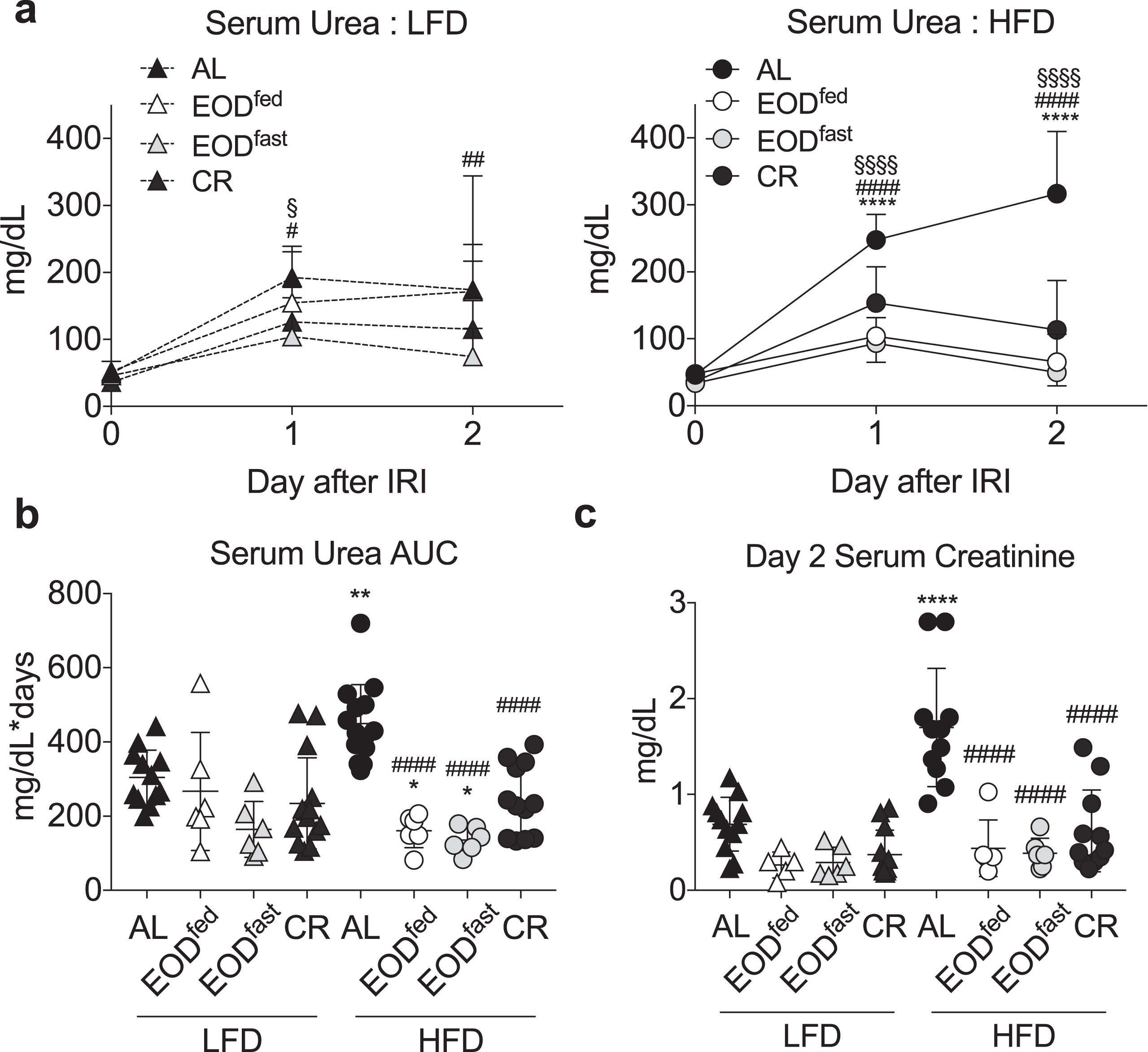 Effects of EOD fed or fasted day on susceptibility to renal ischemia reperfusion injury. (a-c) Serum urea over the first 2 days following renal ischemia reperfusion injury in mice preconditioned for 6 weeks on the indicated diet and feeding regimen. (a) Daily serum urea in the indicated diet groups (LFD, left; HFD, right). Asterisk: AL vs. EODfed; pound sign: AL vs. EODfast; squiggle: AL vs. CR using repeated measures two-way ANOVA within diet with a Dunnett’s post-hoc test. (b) Area under the curve (AUC) of serum urea from (a). (c) Serum creatinine on day 2 after surgery. (b, c) Asterisk: comparison of all groups to AL LFD; pound sign: comparison of HFD groups to AL HFD using one-way ANOVA with a Sidak’s post-hoc test. */#/‡/§P < 0.05, **/# #/‡‡/§§P < 0.01, ***/# # #/‡‡‡/§§§P < 0.001, ****/# # # #/‡‡‡‡/§§§§P < 0.0001. All data are expressed as mean±SD.