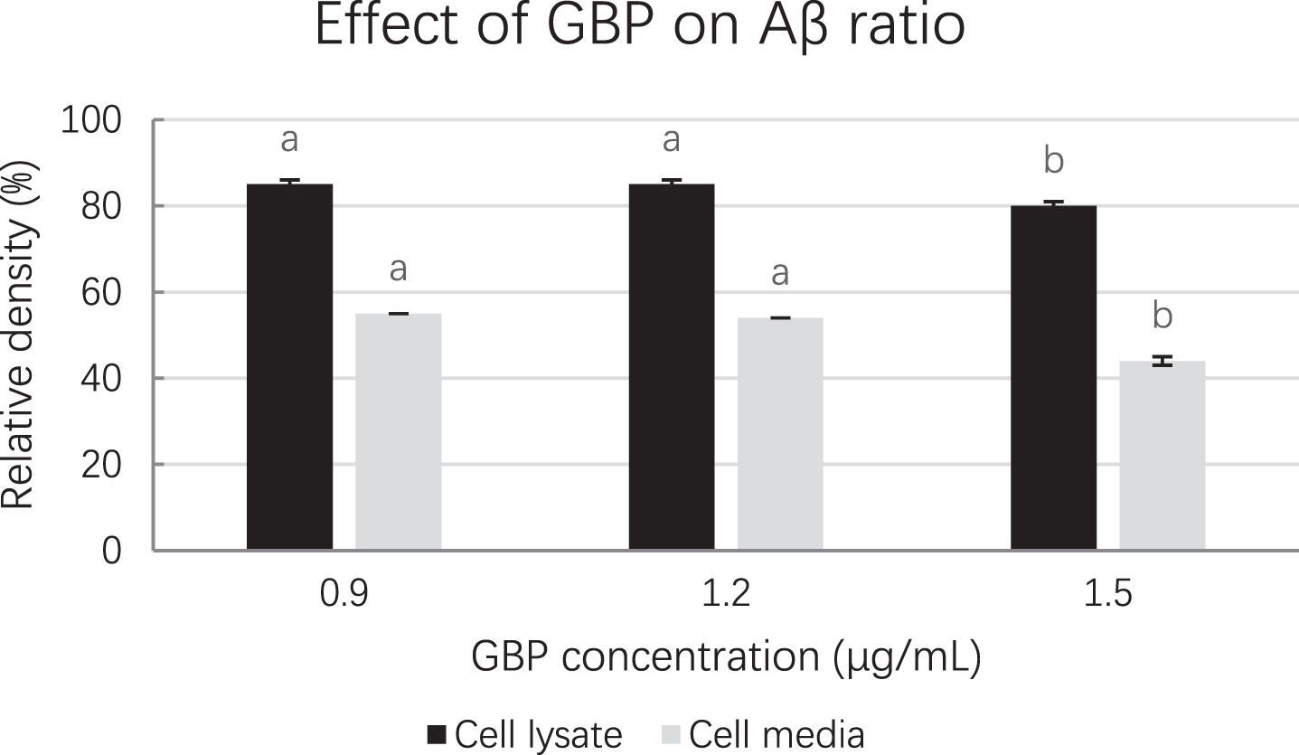 Amyloid beta ratios at different GBP concentrations from Western blot. Letters such as a and b are the superscripts of amyloid beta concentration ratios based on mean±SD. Different letters indicate amyloid beta concentrations of the same-coloured columns are significantly different (p < 0.05).