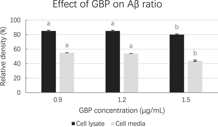 Amyloid beta ratios at different GBP concentrations from Western blot. Letters such as a and b are the superscripts of amyloid beta concentration ratios based on mean±SD. Different letters indicate amyloid beta concentrations of the same-coloured columns are significantly different (p < 0.05).