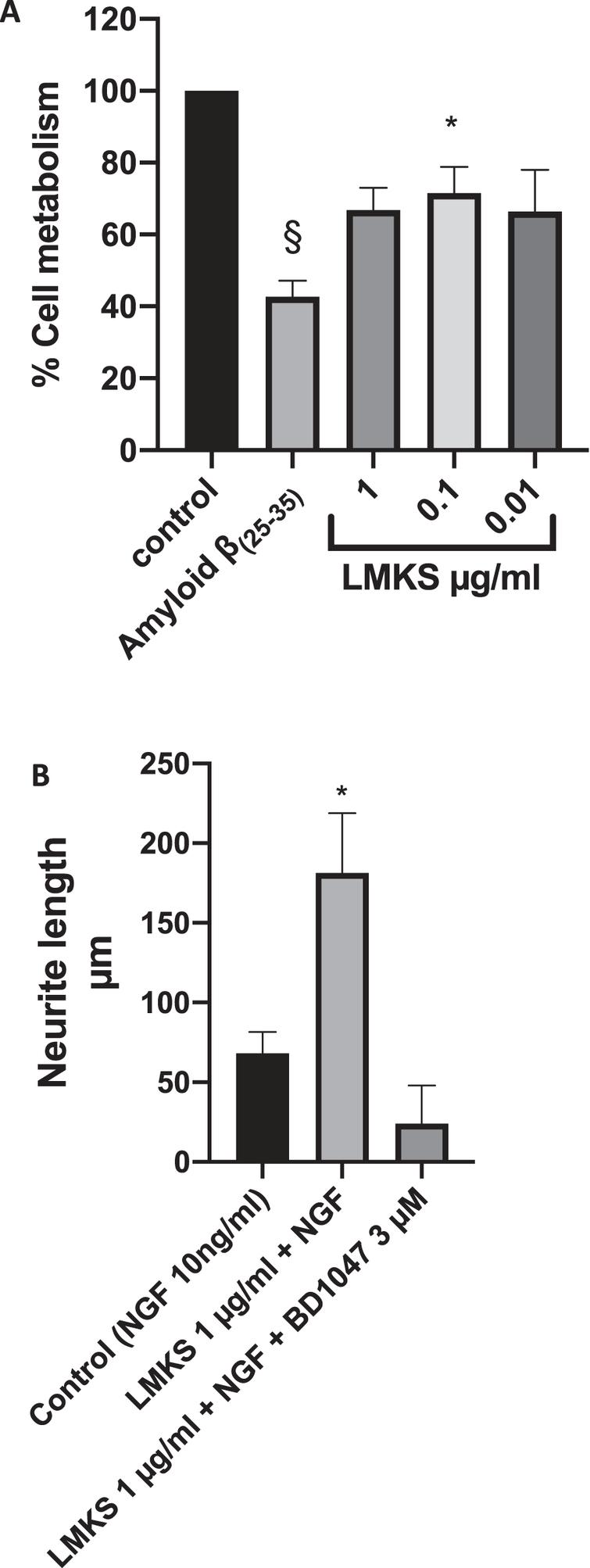 A) MTT Assay of differentiated PC12 cells treated with LMKS and/or 10 μM Aβ(25–35). §Significant difference in MTT metabolism between control and Aβ(25–35) treated PC 12 cells (ANOVA followed by Dunnett’s post hoc multiple comparison test p < 0.0001). *Significant difference in MTT metabolism between Aβ(25–35) treated PC12 cells and LMKS 0.1 μg/ml Aβ(25–35) treated PC12 cells (ANOVA followed by Dunnett’s post hoc multiple comparison test p = 0.04). B) The effect of LMKS on neurite outgrowth in PC12 cells. *Significant increase in neurite growth compared to the control ANOVA followed by Dunnett’s post hoc multiple comparison test p = 0.04).