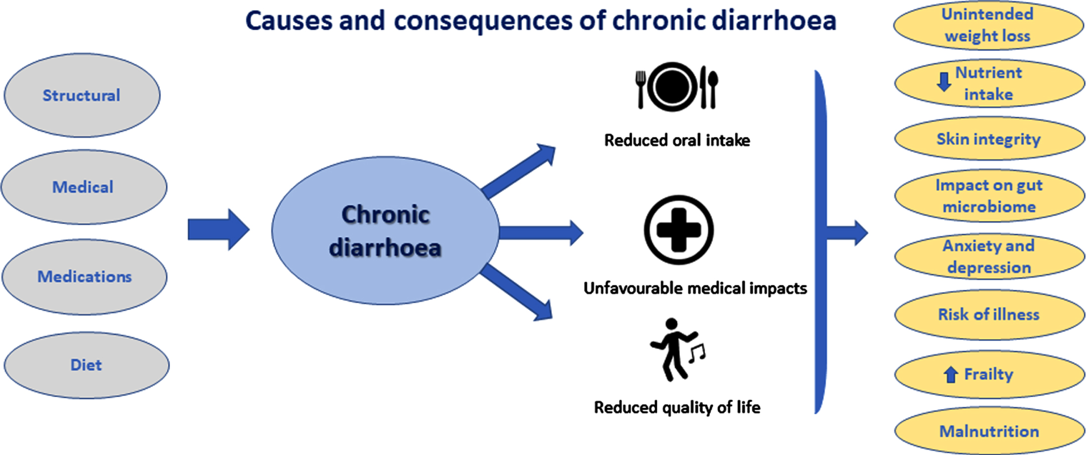 The interplay of consequences occurring from chronic diarrhoea: dietary intake, nutritional status and other.