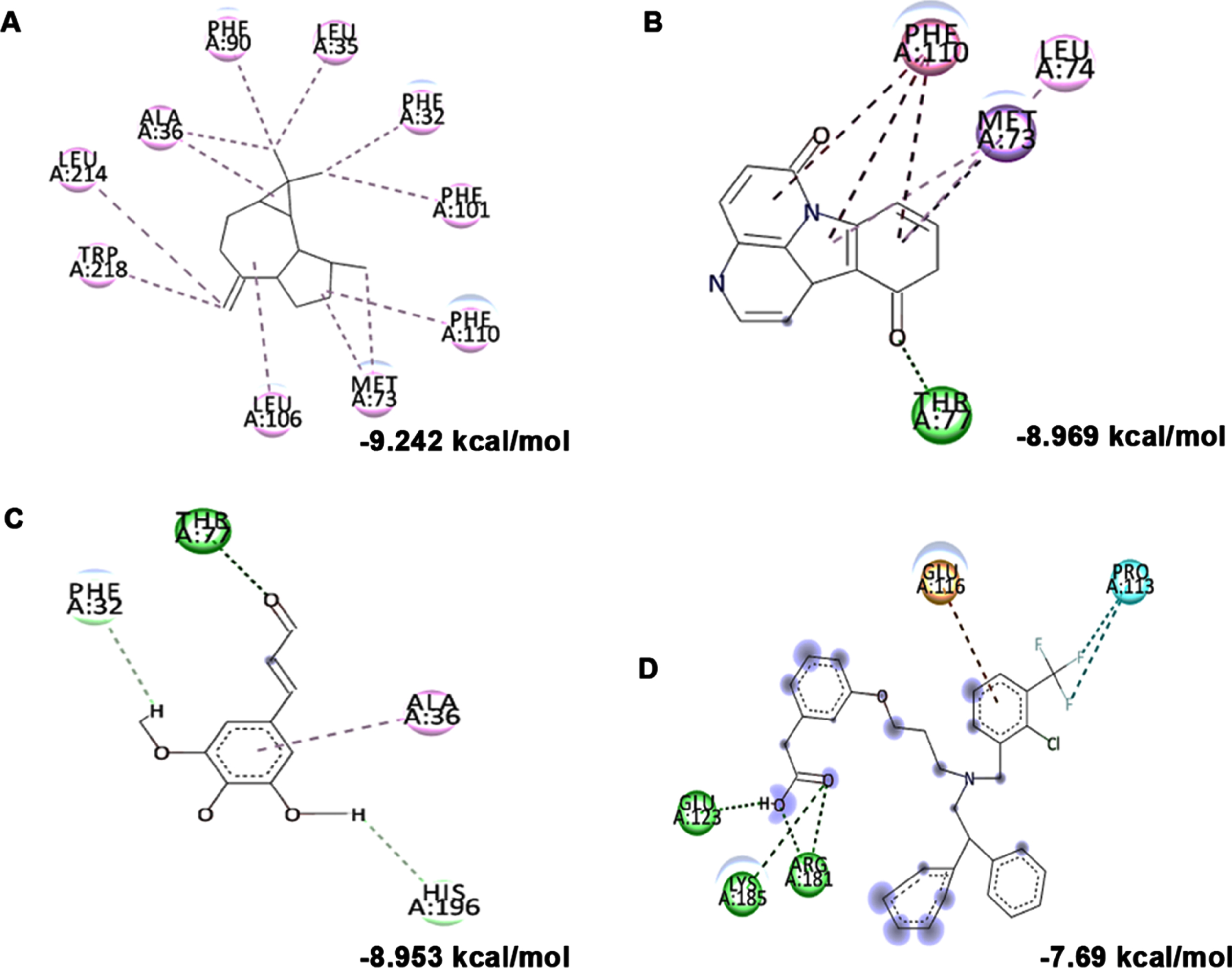 Molecular docking and mode of interaction of compounds (top 3 hits) from HS extract against LXR-α (A) allo-Aromadendrene (B) 11-Hydroxycanthin-6-one (C) Sinapoyl aldehyde (D) GW3965 (Green indicates hydrogen bond, purple represents alkyl bond, pink represent π-alkyl bond)