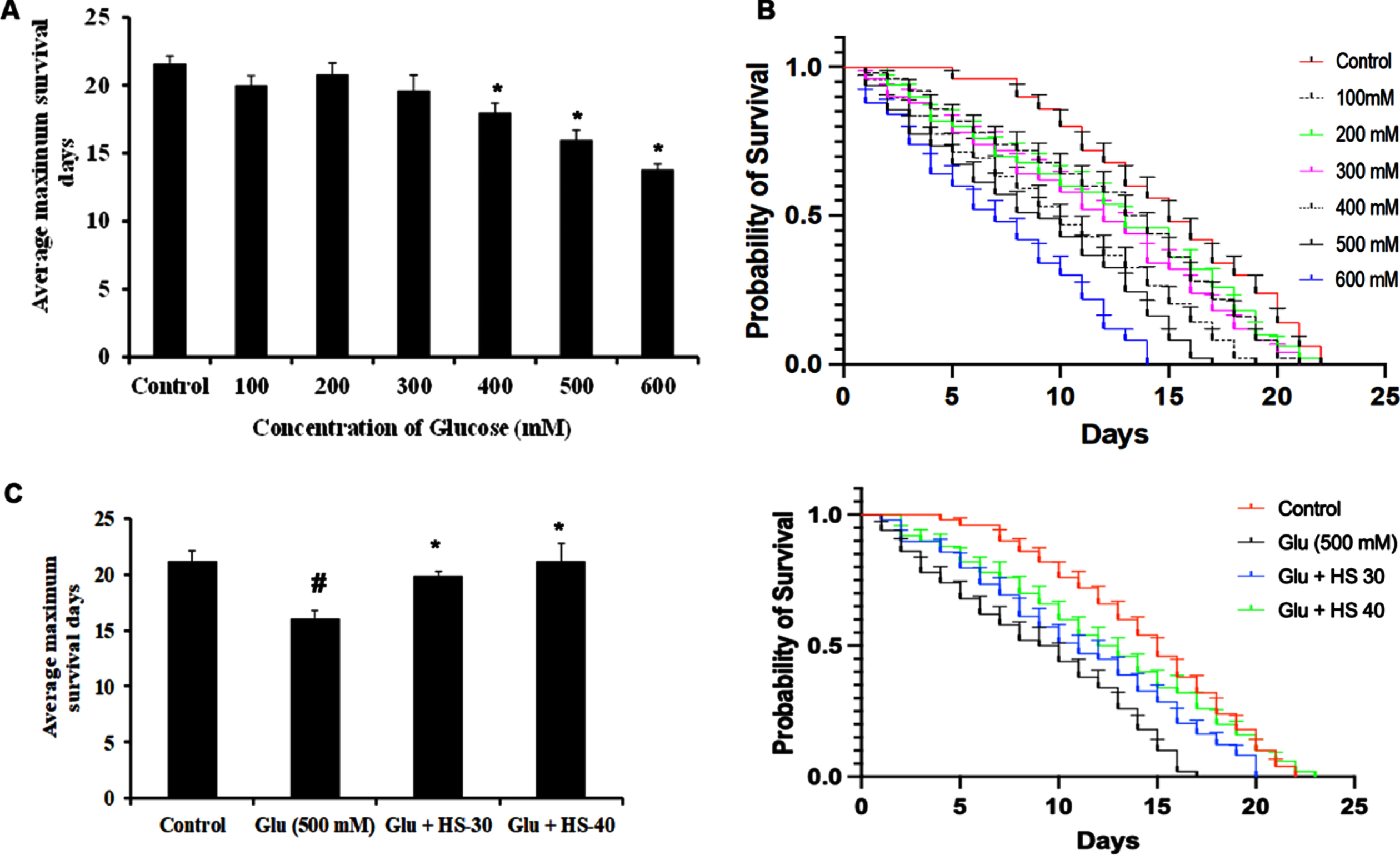 HS extract extends lifespan in wild type nematodes against high glucose-induced toxicity (A) Glucose treatment in a dose-dependent manner reduced the average lifespan of N2 nematodes (B) Plots representing a reduction in life span in N2 nematodes upon treatment with glucose (100–600 mM) (C) HS extract increased the average lifespan of N2 worms against high glucose treatment (500 mM) (D) Plots showing lifespan extension of N2 worms by HS against high glucose (significance level at p < 0.05; # Controls vs high glucose; * High glucose vs HS treatment; n = 5)