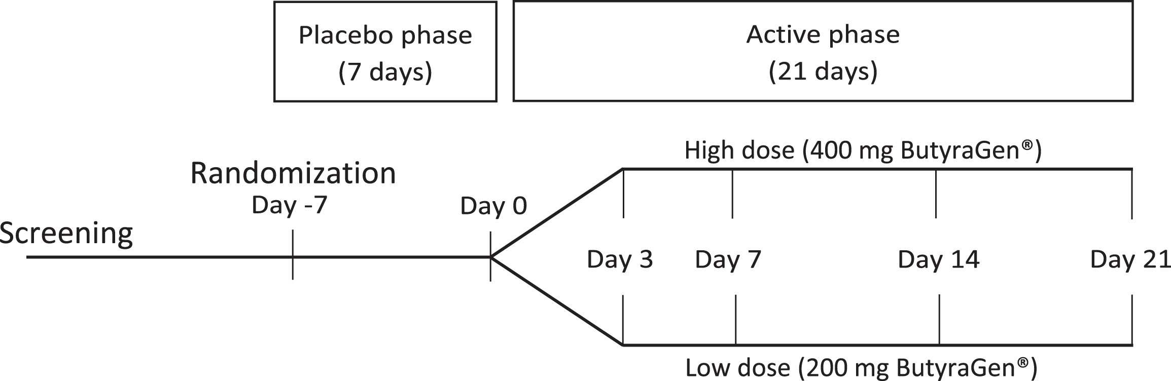 Study design schema. Randomized, 28-day, 2-arm (200 mg vs 400 mg) parallel design study with a 7-day placebo wash-in and 21-day active phase.