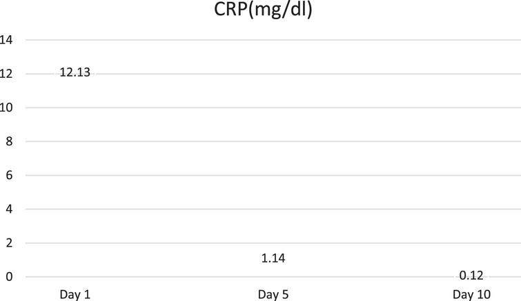 Fall of C-Reactive protein (CRP) in the index case.