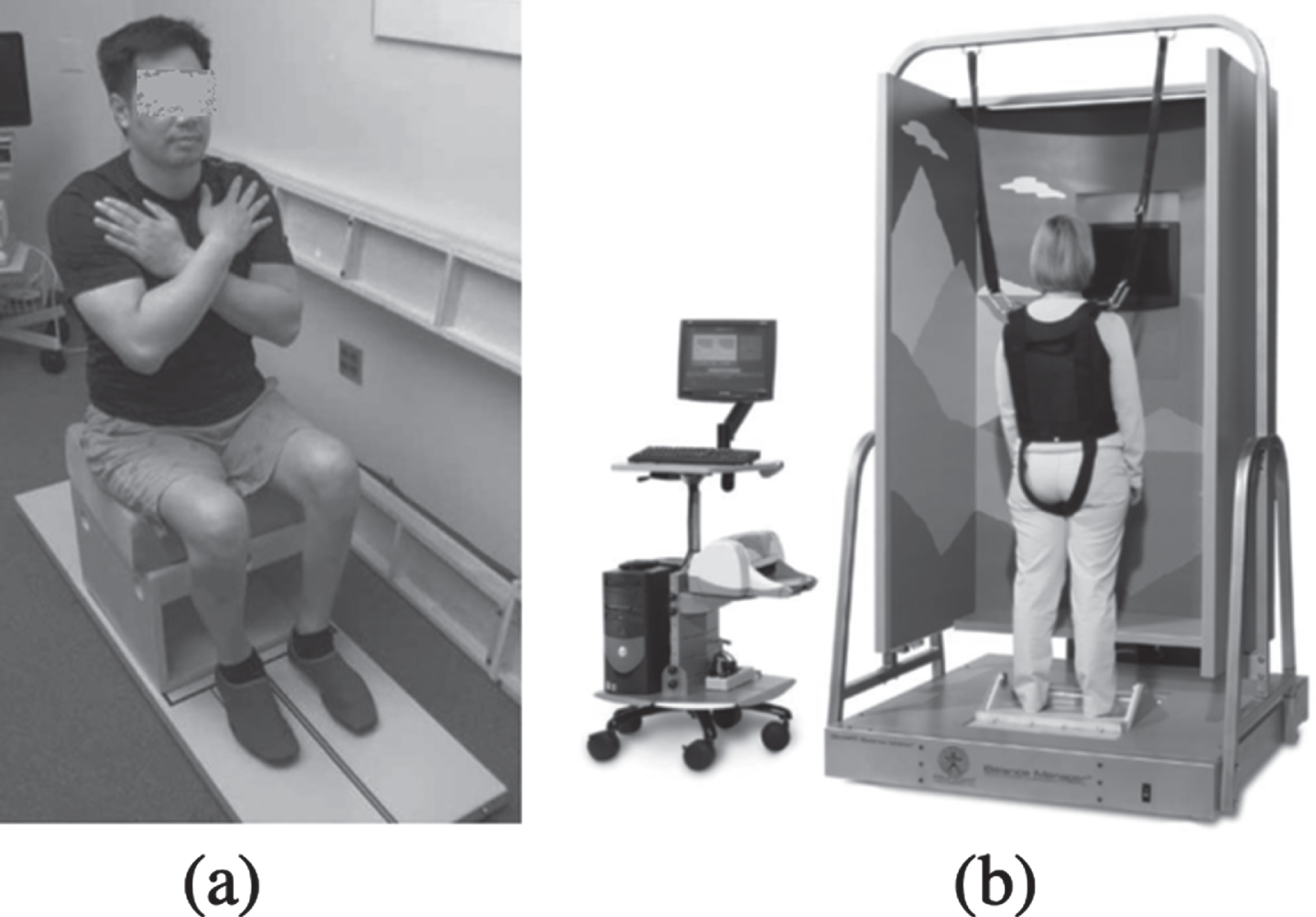 (a) Force plate used in (Harel et al., 2013) (long force plate of the SMART EquiTest CDP by Neurocom); (b) Smart Balance Master by Neurocom used in (Lemay & Nadeau, 2013).