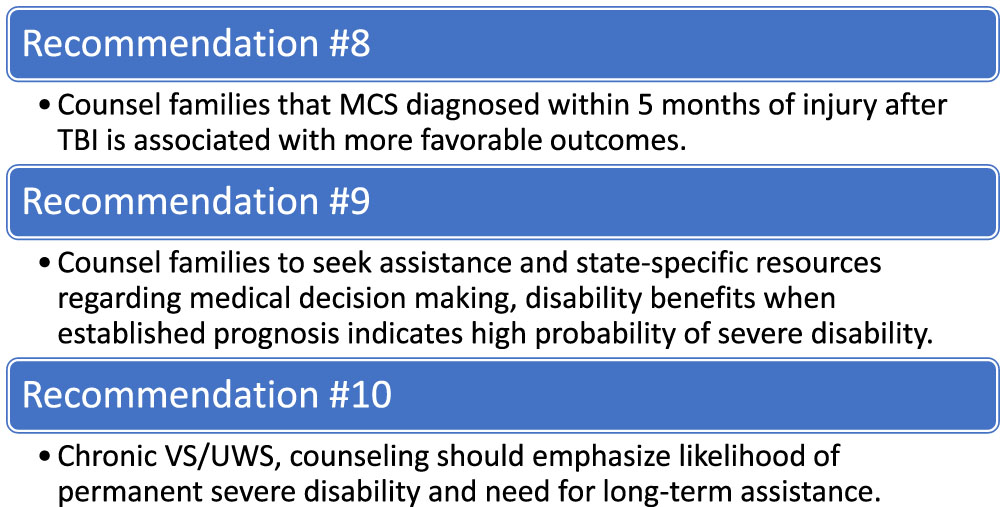 AAN DoC practice guidelines related to prognostic counseling recommendations.