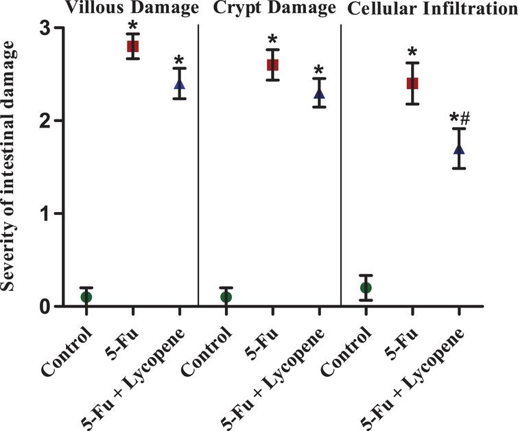 The severity of intestinal tissue damage for various parameters in Control, 5-Fu and 5 Fu+ Lycopene treated rats. Values represented as Mean ± SD. *Significantly different from control group.  # Significantly different from 5-Fu group.