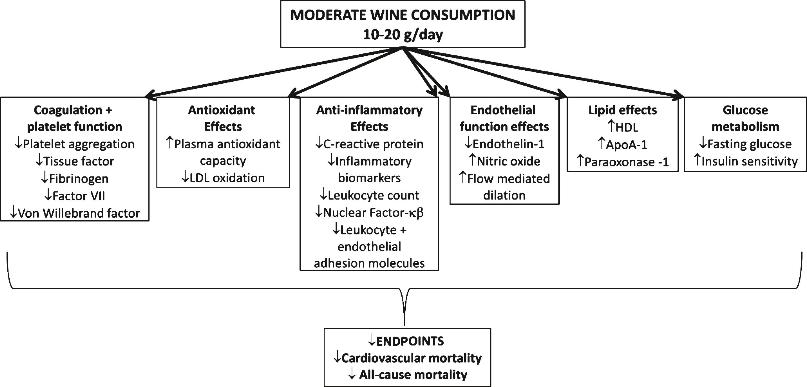 Cardiovascular effects of moderate red wine consumption. Apo A-1: Apolipoprotein-1; CRP: C-reactive protein; FMD: flow-mediated dilation; HDL: high-density lipoprotein; LDL: low-density lipoprotein; MDA: malon-dialdehyde; NF-κB: nuclear factor-κB; NO: nitric oxide; SOD: superoxide dismutase (adapted from Chiva-Blanch et al. 2013) [174].