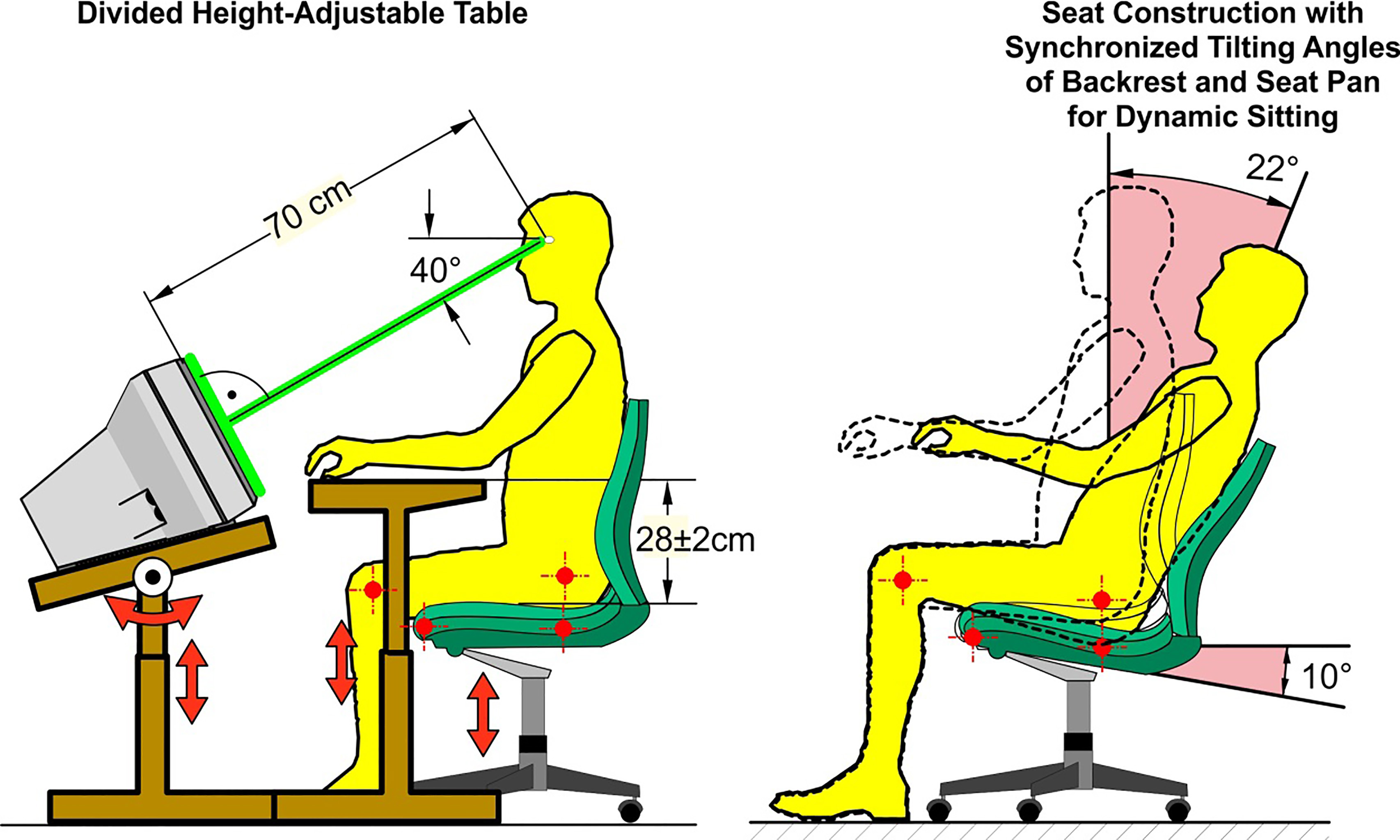 Divided height-adjustable table for the individual adaptation to manual and visual working height enabling an orthogonal top view and a suitable viewing distance (left part) and compatibility between the anatomical knee and hip joints and the functional joints of the seat pan and backrest in chairs with synchronous technique (right part).