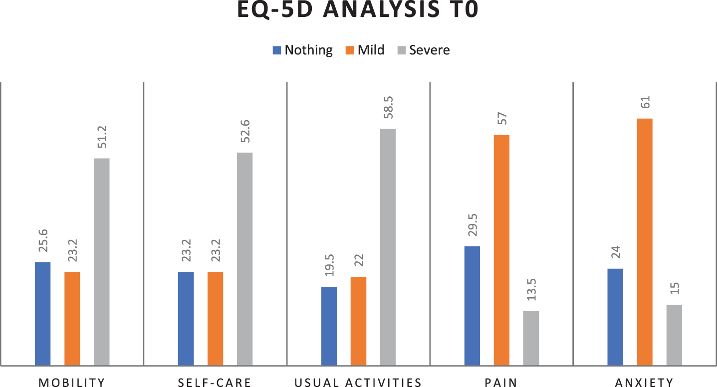 EQ-5D percentage parameters distribution at T0 (mobility, self-care, usual activities, pain/discomfort, anxiety/depression).