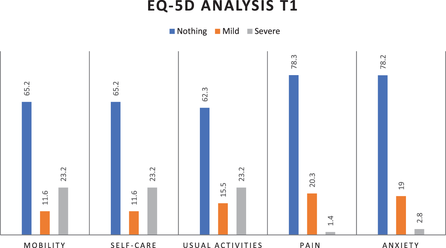 EQ-5D percentage parameters distribution at T1 (mobility, self-care, usual activities, pain/discomfort, anxiety/depression).