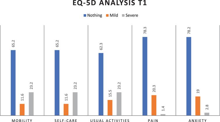 EQ-5D percentage parameters distribution at T1 (mobility, self-care, usual activities, pain/discomfort, anxiety/depression).