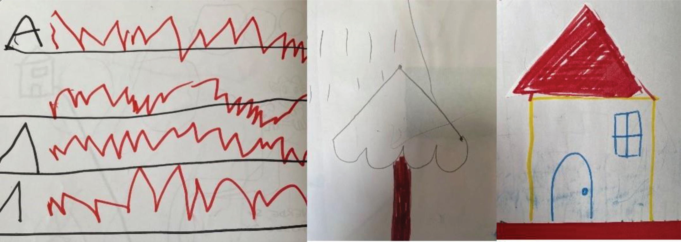 Facilitation for learning to write the letter “A”. The child was asked to follow a sinusoidal track, staying within the path (black lines) without touching the two edges (left). Since she had difficulty recognizing and learning abstract shapes (letters or geometric figures), stereognosis recognition of shapes was employed, using tangible forms, such as the tree crown (middle) or the roof of a house (right).
